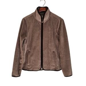 Au Lieu Full Zip Velour Fleece Jacket Taupe Brown Size Large